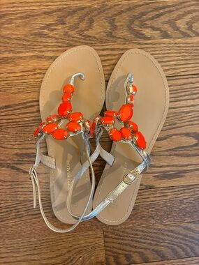 Roberto Piraloff Gold T-Strap Sandals with Orange Gem Embellishments